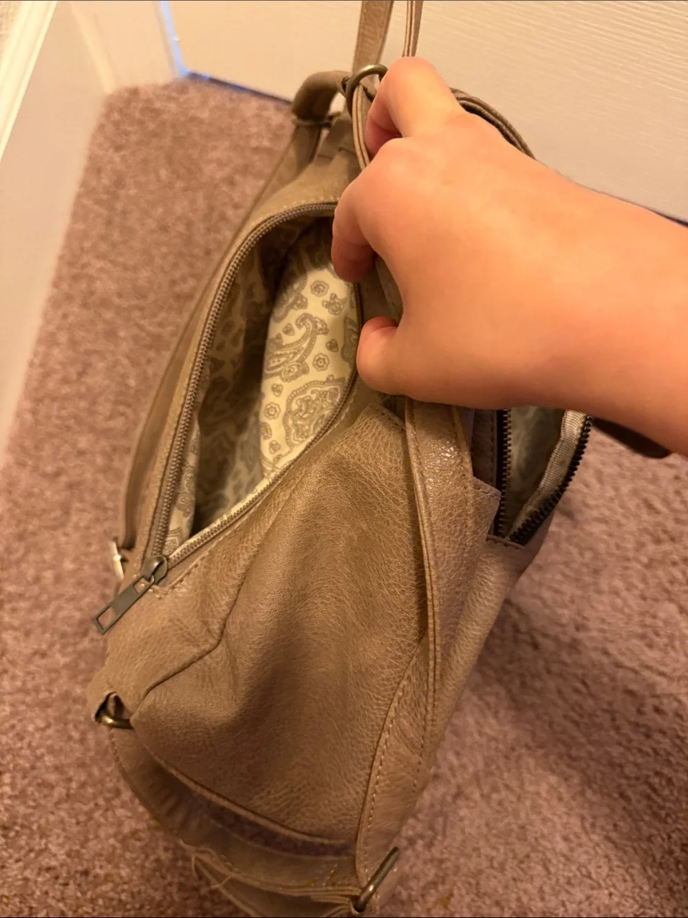 Taupe Faux Leather Studded Backpack with Tassel